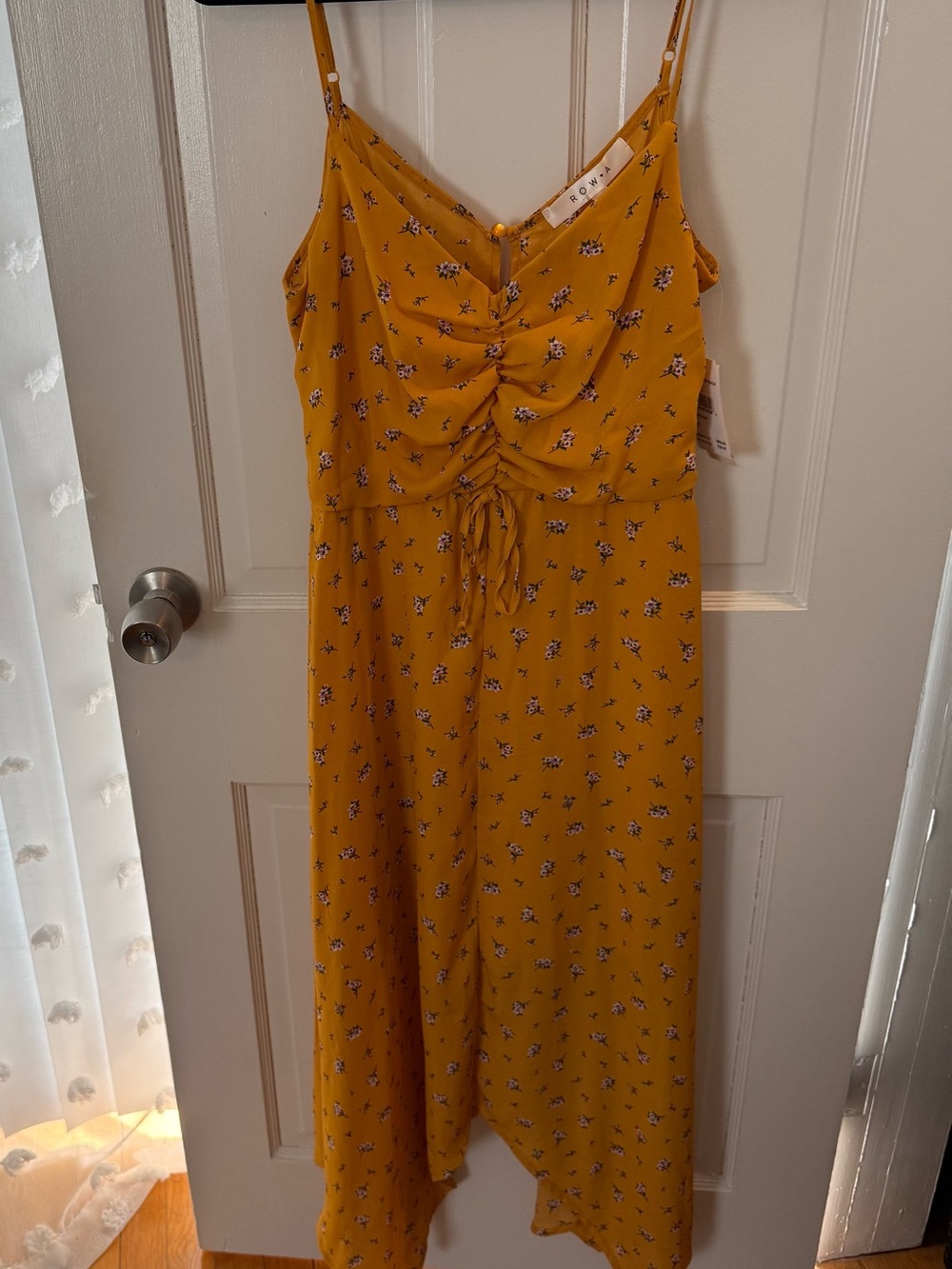 row a Mustard Yellow Floral Ruched Midi Dress
